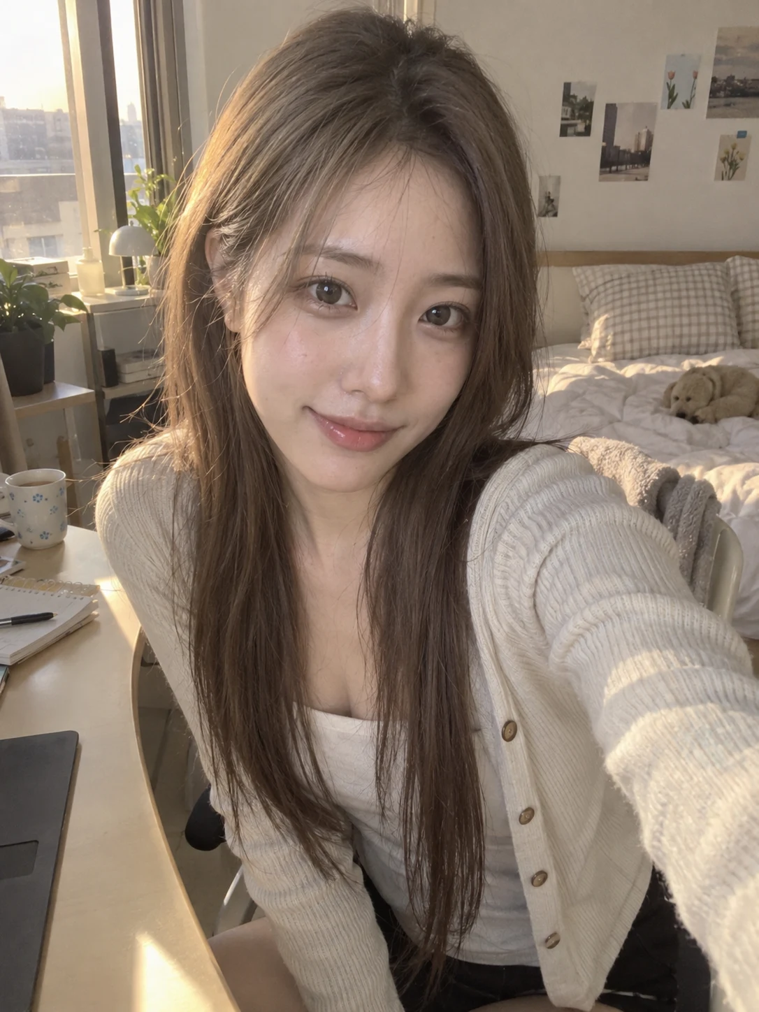 오후 햇살과 애쉬 브라운 생머리