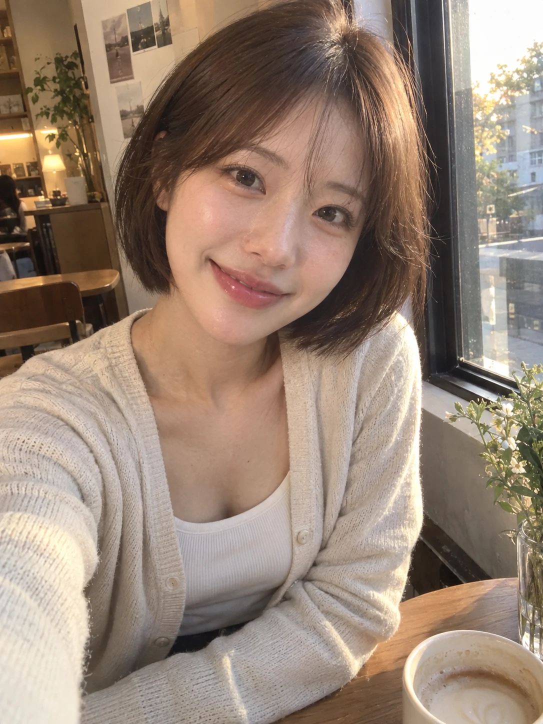 카페 창가의 브라운 단발