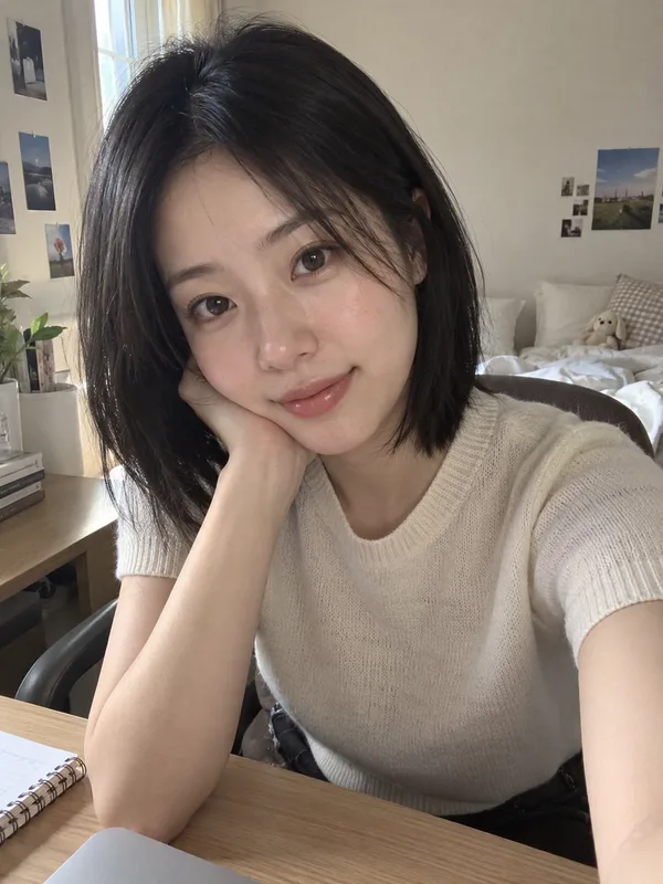 창가의 중단발 니트 셀카